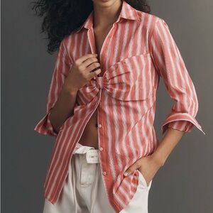 Maeve Coral and White Striped Knot-Front Button Down Shirt